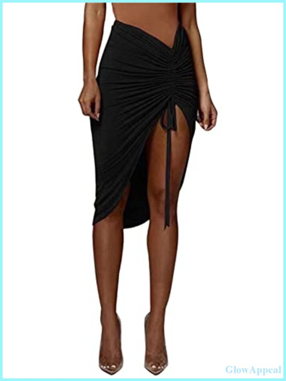 PRIMODA Asymmetrical Bodycon Drawstring Ruched Midi Skirt High Slit